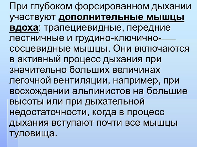 При глубоком форсированном дыхании участвуют дополнительные мышцы вдоха: трапециевидные, передние лестничные и грудино-ключично-сосцевидные мышцы.